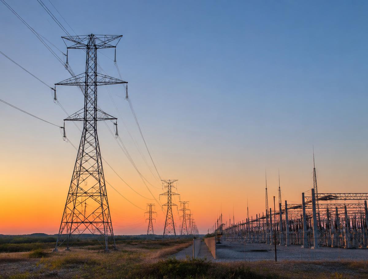 High-voltage transmission towers beside an electrical substation