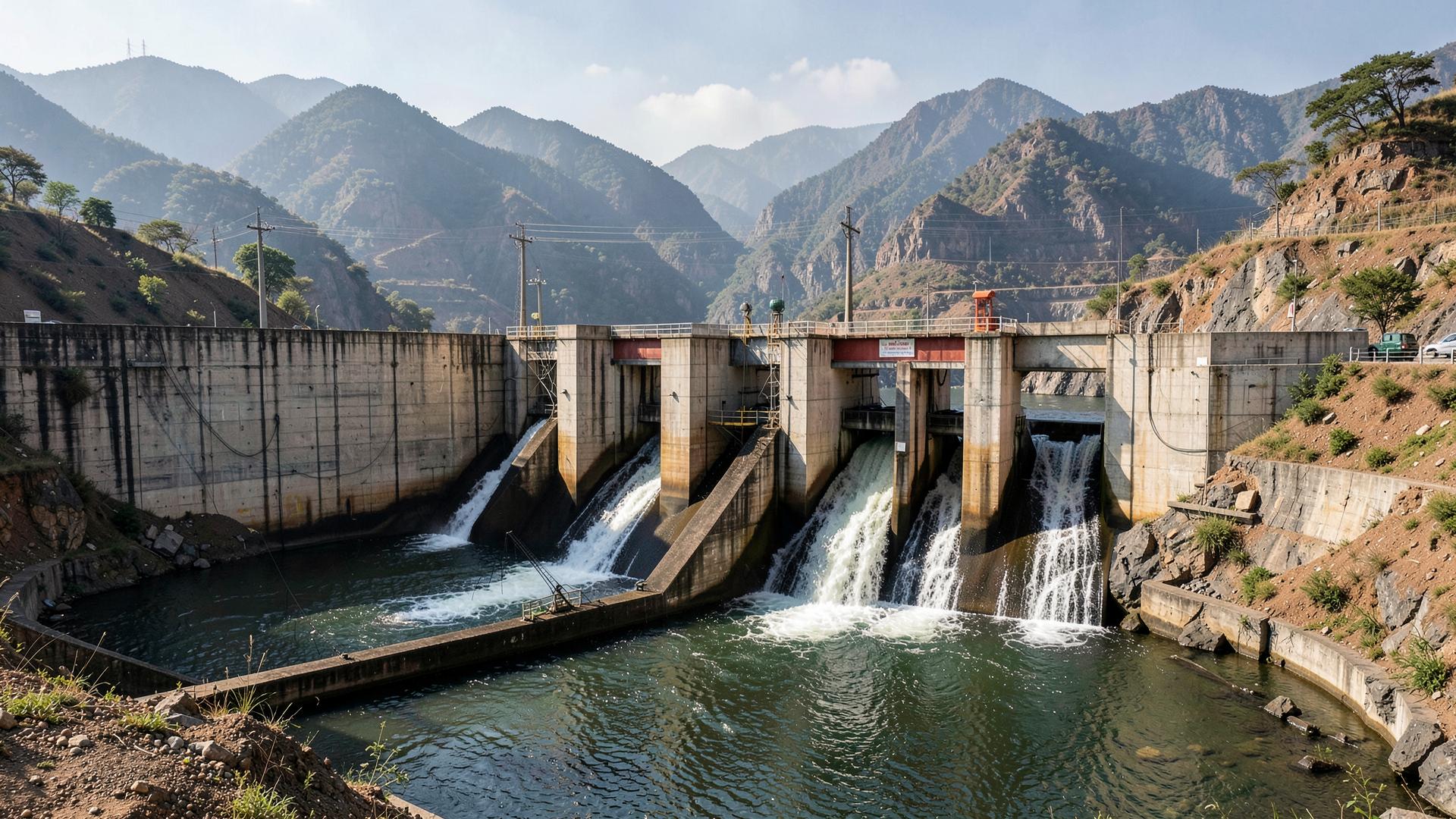 Concrete dam and irrigation headworks with open gates